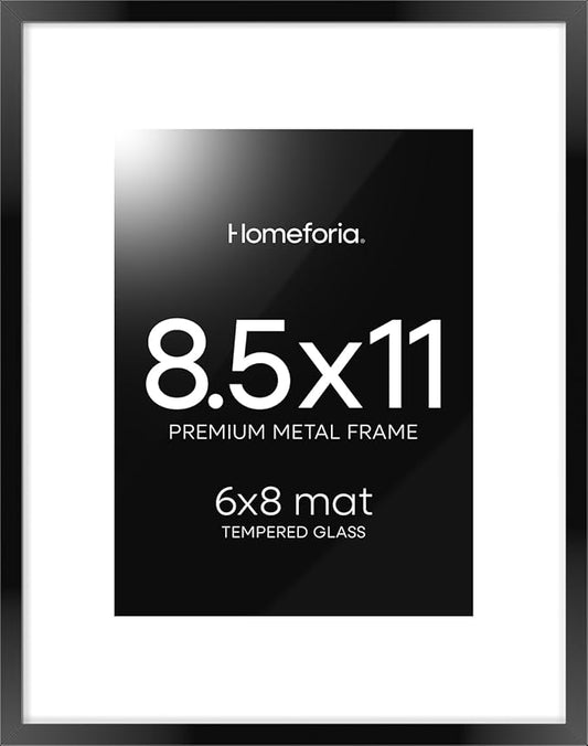 Homeforia Black Picture Frame 8.5 x 11, High End Metal 8.5x11 Poster Frames with Mat 6x8 Photo, 8.5 x 11 Frame Matted to 6 by 8 Art, 8.5by11 Wall or Tabletop Frames, Tempered Glass, Wall Kit, Set of 1