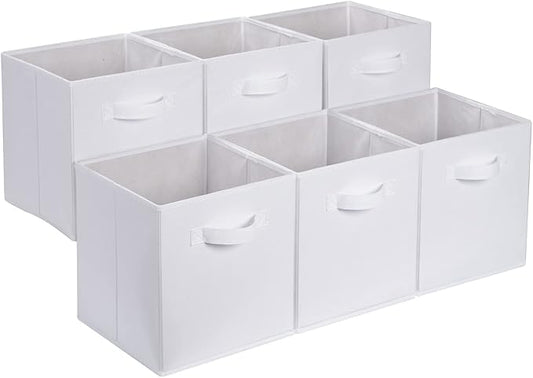 Amazon Basics Cube Organizer Storage Bins Handles, Collapsible Fabric, Pack of 6, 13"x13"x13", White