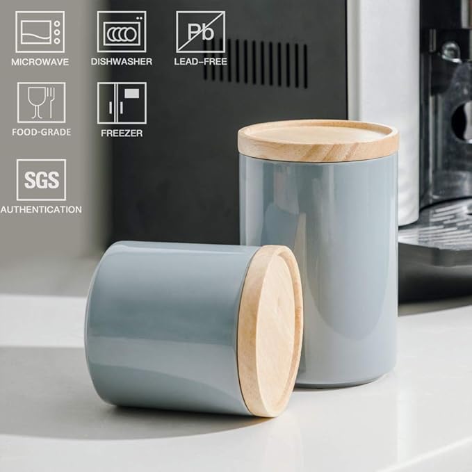 Sweejar Kitchen Canisters Ceramic Food Storage Jar, Stackable Containers with Airtight Seal Wooden Lid for Serving Ground Coffee, Tea, Sugar, Salt and More - 28 Fl Oz (Gray)