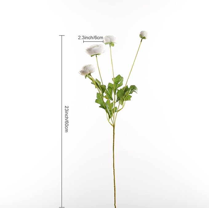 Silk Ranunculus Flowers 23.6 Inch Tall-5 Stems Artificial Buttercup Flowers for Wedding Bouquets, Centerpieces,Home Decor,Floral Arrangements (White,UV Resistant)