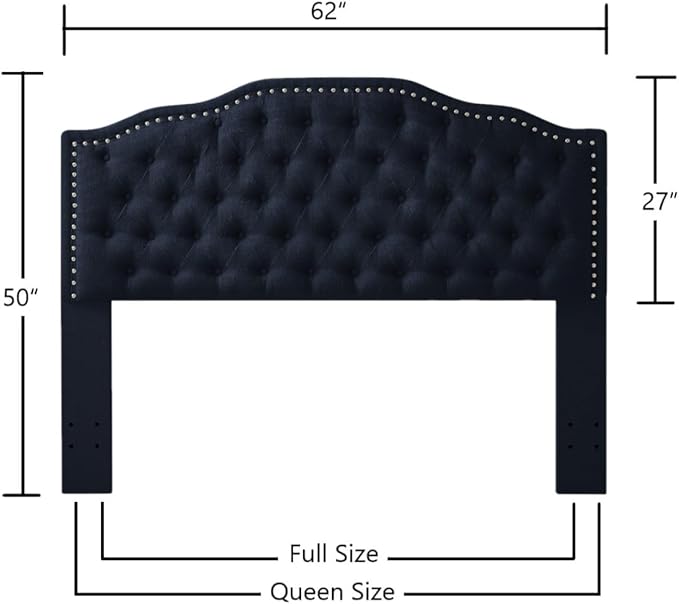 24KF Upholstered Button Tufted Queen Headboard with Nailhead Trim, Elegant Boucle Fabric Full headboard, 6031-Q-Boucle-Navy