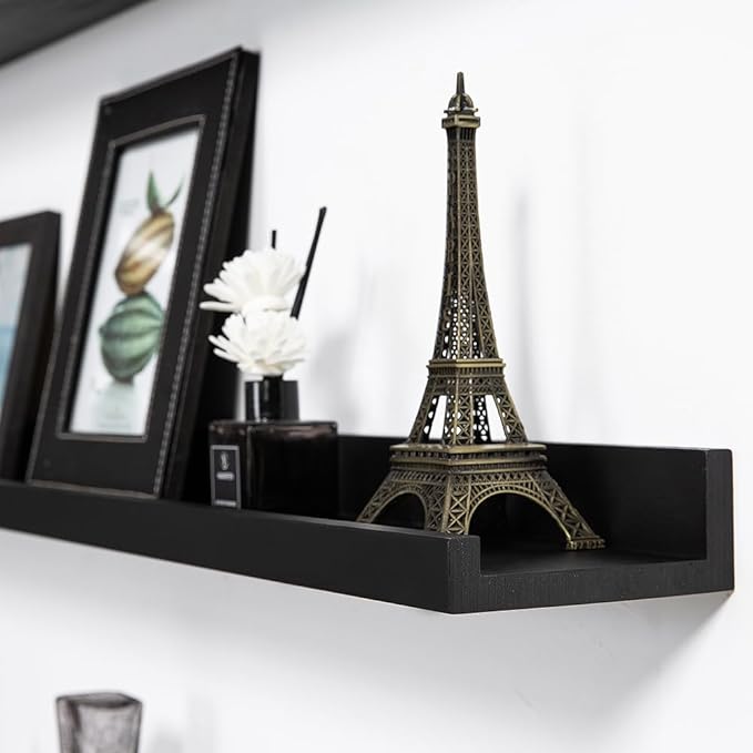 Black Floating Shelves 36 Inch Modern Picture Frame Shelf for Wall Picture Ledge Shelves with Lip Wooden Book Toy Shelves Set of 2 Bathroom Shelf Organizer for Living Room Bedroom Kitchen Wall Decor