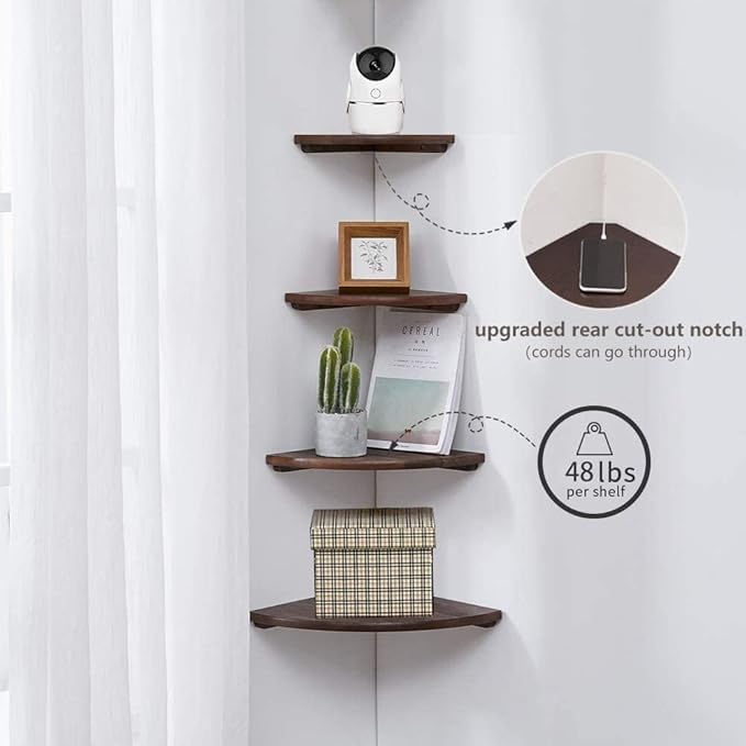 Corner Shelves, Floating Corner Shelf, Set of 2 16inch Solid Oak Wood Corner Wall Shelves, Round End with Wire Hole for Small Plant for Bedroom Kitchen, Living Room