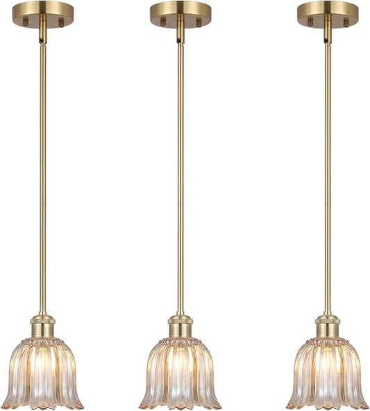 Modern Gold Pendant Light 3 Pack Brushed Brass Mid Century Chandelier Amber Glass Shades Adjustable Rods Farmhouse Ceiling Hanging Lighting Fixture Kitchen Island Dining Room Bedroom