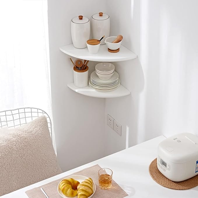 Corner Shelf, White Solid Oak Wood Floating Corner Shelves Wall Mount Round End Floating Speaker Rack Display Shelf for Small Plant Photo Frame (White, 13.8in)