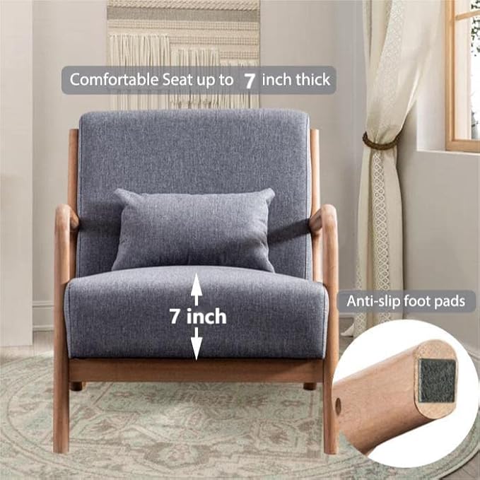INZOY Mid Century Modern Accent Chair with Wood Frame, Upholstered Living Room Chairs with Waist Cushion, Reading Armchair for Bedroom Sunroom (Dark Grey)