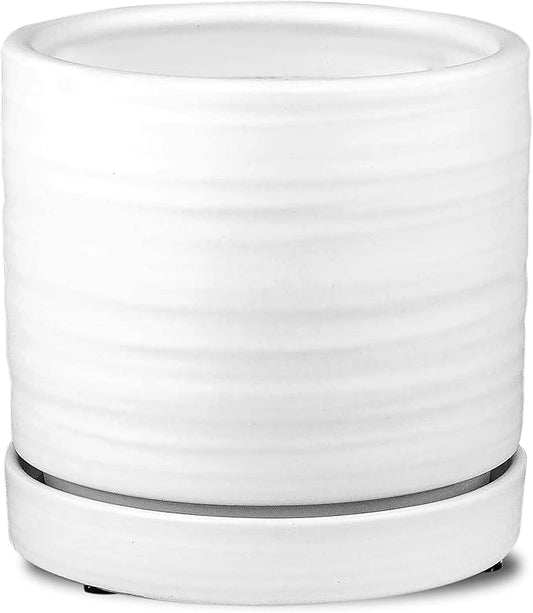 6 Inch Plant Pots, Ceramic Planter Pot with Drainage Hole & Saucer, Indoor/Outdoor Cylinder Round Planter Pot, Matte White