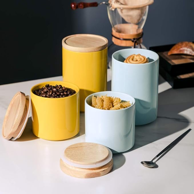 Sweejar Kitchen Canisters Ceramic Food Storage Jar, Stackable Containers with Airtight Seal Wooden Lid for Serving Ground Coffee, Tea, Sugar, Salt and More - 28 Fl Oz (Yellow)