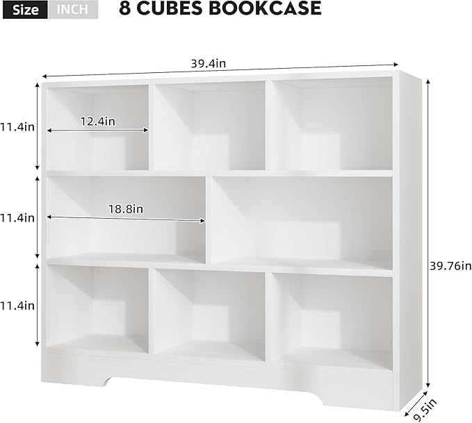 Book Shelf Set of 2, 8 Cubes Storage Organizer, 3-Tier Open Bookshelf Wooden Bookcase, Freestanding White Bookshelf Cube Shelf for Bedroom, Living Room