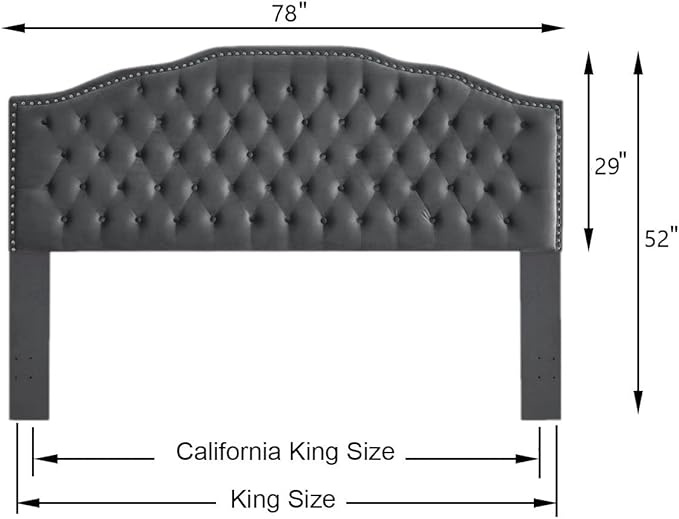 24KF Upholstered Button Tufted King Size Headboard with Nailhead Trim, Soft Velvet Fabric Headboard King/Cal King Size -Dark Gray