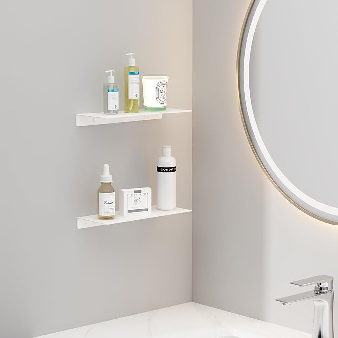 JOOM White Floating Shelves for Wall Storage, Metal Wall Shelves for Living Room, Bathroom, Kitchen, 12” Small Display Shelves for Collectibles(2 PCS)