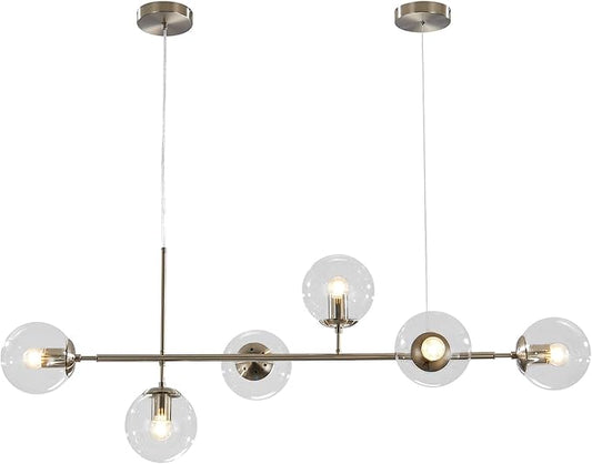 KCO Lighting 6 Light Bubble Glass Pendant Light Mid Century Modern Globe Sputnik Chandelier Linear Chandelier Lighting Brushed Nickel Hanging Light Fixture for Kitchen Island Dining Room
