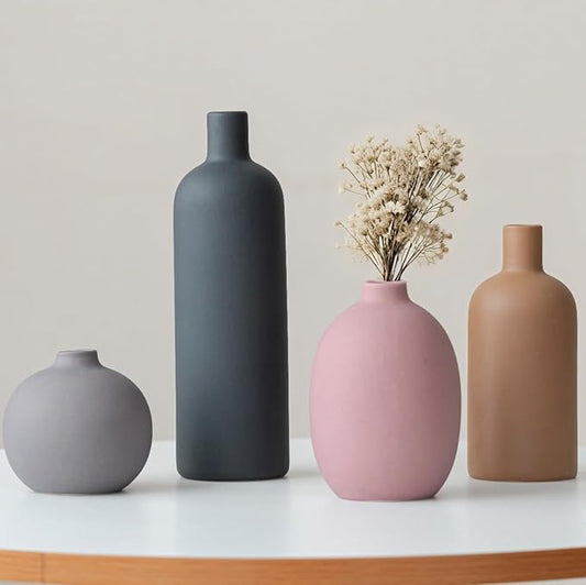 Modern Ceramic Vase Set, Neutral Colors, Decorative Vases for Home Shelf Decor, 4 Piece Collection (Black Mix Set 4)