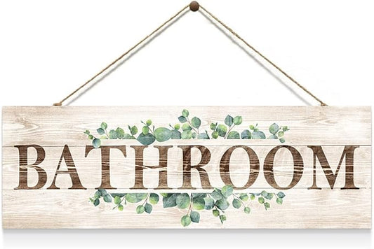 Bathroom Sign Wall Decor, Bathroom Wall Art with Plant Print, Rustic Farmhouse Wall Hanging Plaque Home Kitchen Decorative Bathroom, 4.7 x 13.7 inches