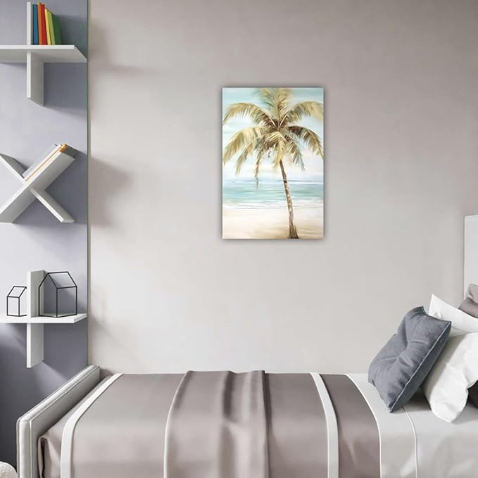 LURENCZH Tropical Beach Canvas Wall Art Seaside Palm Tree Picture Wall Decor Ocean Scenery Painting Prints for Bathroom Decor Framed(Beach-1,16.00" x 24.00")