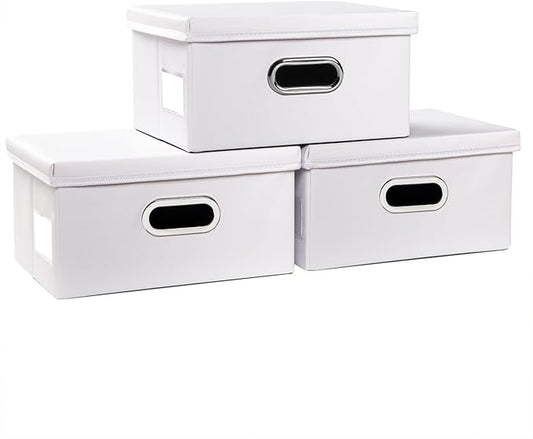 PRANDOM Collapsible Storage Box with Lid [3-Pack] Leather Fabric Foldable Storage Bin Organizer Container Basket Cube with Cover for Home Bedroom Closet Office Nursery White(13.6x9.6x6.9)