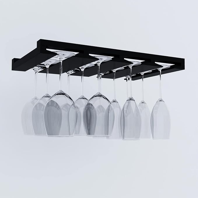 Rustic State Eze 4 Sectional Wood Under Cabinet Wine Glass Holder Wine Glass Rack Hanging Shelf Stemware Bar Organizer - 12 Wine Glass Storage - 10 Inch Deep - Black