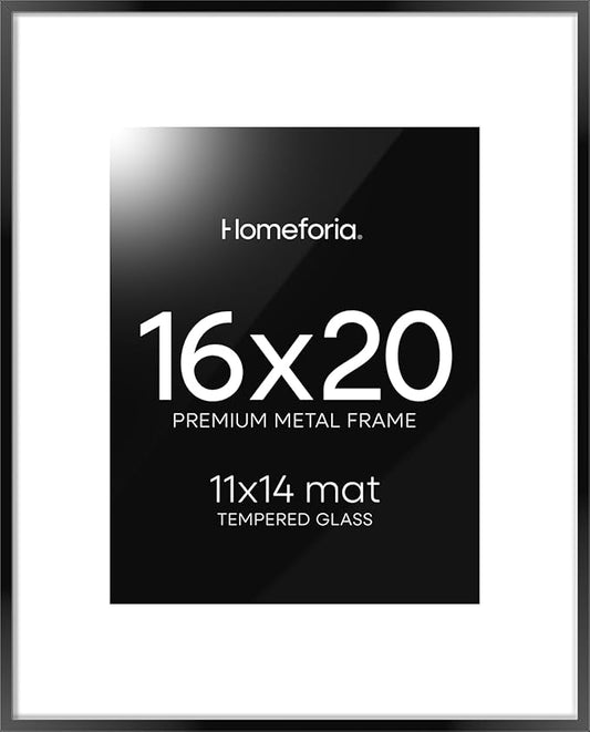 Homeforia 16 x 20 Picture Frame Black, High End Metal 11x14 Matted for 16x20 Frame, 16 x 20 Black Poster Frame with Mat 11 x 14 inch Photo, 20x16 Thin Hanging Frame, Tempered Glass, Wall Kit, Set of 1