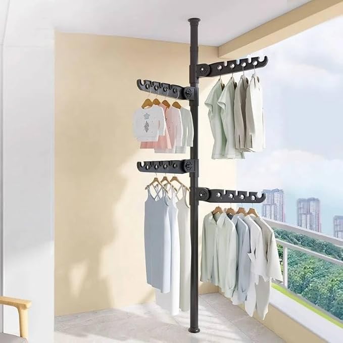 Telescopic Clothes Drying Rack, Floor to Ceiling, 4 Adjustable Arms, 360° Rotating, 43-122 inches, Black