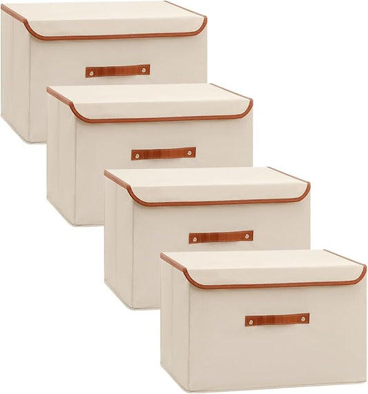 Tuza 4 Pack Large Fabric Storage Bins with Lids, Foldable Storage Boxes with Lids for Organizing, Decorative Storage Boxes with Handles for Home, Bedroom, Closet, Office(Khaki, Medium)