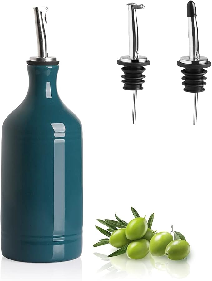 Sweejar Ceramic Olive Oil Dispenser Bottle, Opaque Oil Cruet Protects Oil to Reduce Oxidation, Suitable for Storage Oil, Vinegar, Coffee Syrups & Other Liquids, Pack of 1, 15.5 Fl Oz (Teal Green)