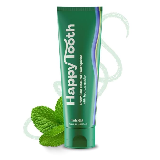 Happy Tooth Hydroxyapatite Toothpaste, Fluoride Free, Natural Whitening for Kids, Toddlers and Adults, SLS Free, Enamel Safe, Dentist Formulated with Clean Ingredients, Fresh Mint Flavor, 3.4oz