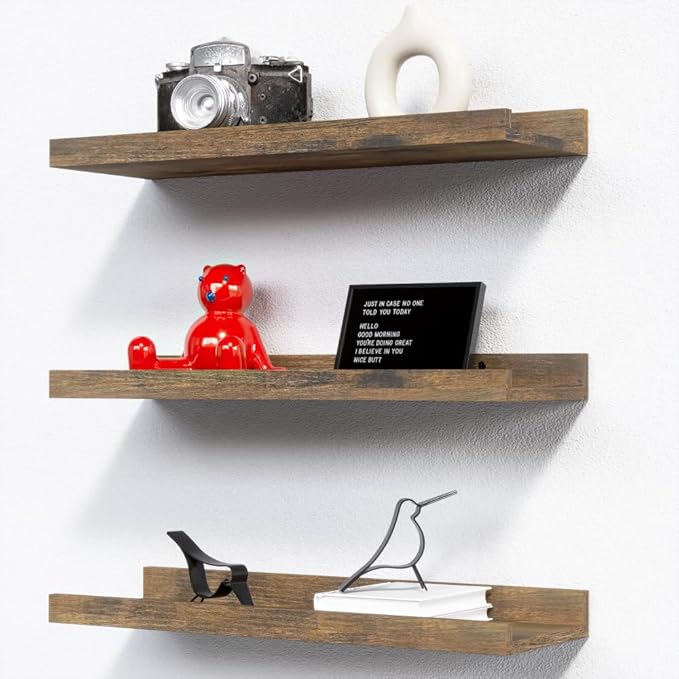 RICHER HOUSE 3 Set Floating Shelves for Wall Decor, Mounted Book Shelf, Nursery Picture Ledge With Lip for Storage, Bedroom, Living Room, Bathroom - Brown