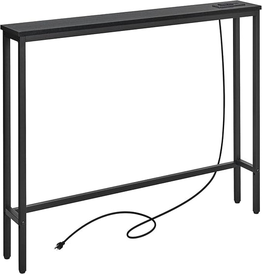 ELYKEN 5.9" Narrow Console Sofa Table with Power Outlets, 5.9" Dx39.4 Wx31.1 H Long Black Behind Couch Table with Metal Frame and Charge Station with 6.5’ Extension Cord