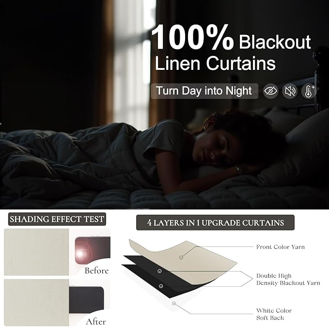Flax Linen Curtains for Living Room 2 Panels Set 105 Inches Long Beige Thick Burlap Decorative Light Weight Blackout Curtains Soundproof Drapes Noise Cancelling Back Tab/Rod Pocket W52 x L105 Length