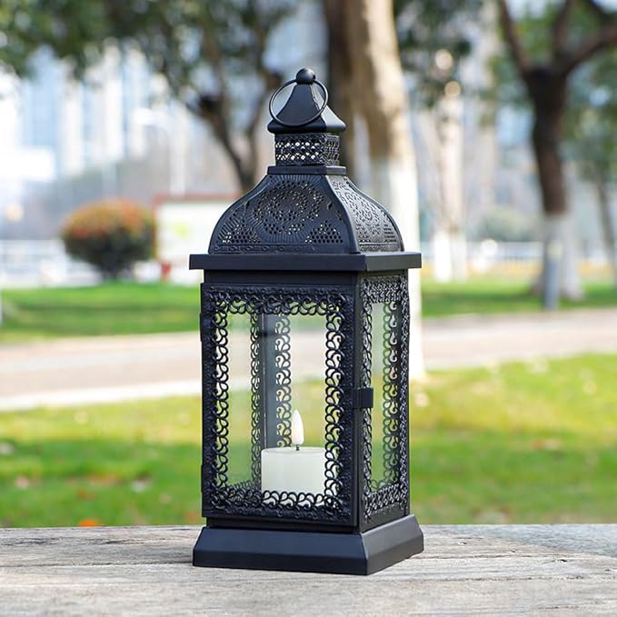 TRIROCKS Rustic Style Metal Candle Lantern 13'' High Decorative Outdoor Lantern Candle Holder with Tempered Glass for Christmas Living Room Garden Patio Parties Indoors Outdoors (Black)