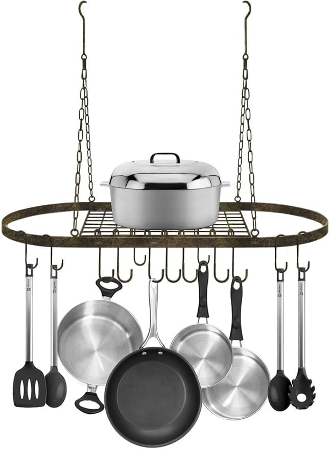 Sorbus® Pot and Pan Rack for Ceiling with Hooks — Decorative Oval Mounted Storage Rack — Multi-Purpose Organizer for Home, Restaurant, Kitchen Cookware, Utensils, Books, Household (Rustic)