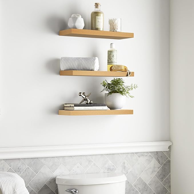 BAYKA Floating Shelves for Wall, 22.5 inches Wall Mounted Rustic Wood Shelves for Bathroom, Bedroom, Living Room, Floating Shelves for Books/Storage/Decor (Oak-Toned,Set of 3)