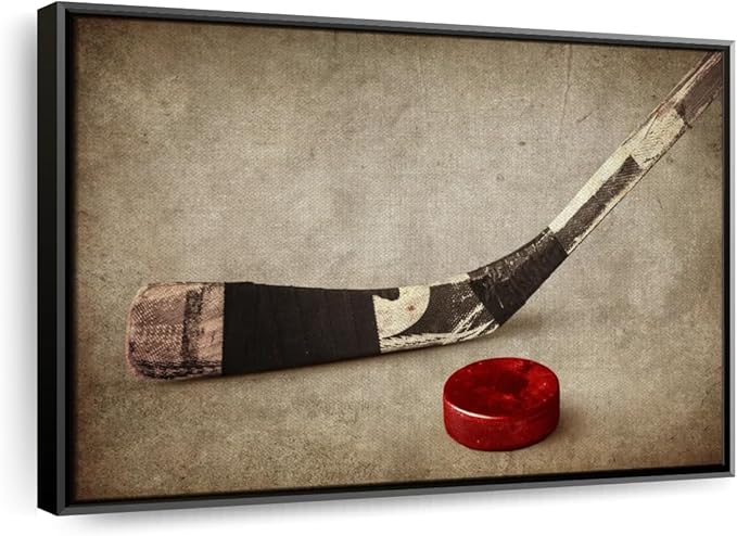 Elephant Stock Vintage Ice Hockey Wall Art - Horizontal Framed Canvas - 1-Piece Hallway Wall Decor - Photography Sports Canvas Print - Brown and Beige Decor for Wall - 37" X 25"