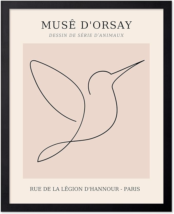 Poster Master Vintage Poster - Retro One Line Hummingbird Drawing Print - Bird Line Art - Minimal Gift for Him, Her, Animal Lover - Abstract Decor for Home, Office, 11x14 Black Framed