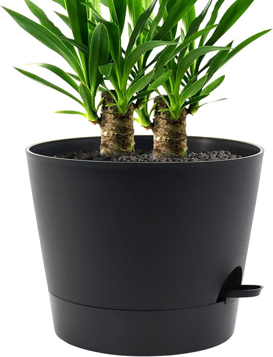 Self Watering Pots for Indoor Plants,12 inch Planters with Drainage Holes Plastic Flower Pots with Deep Reservoir, Black