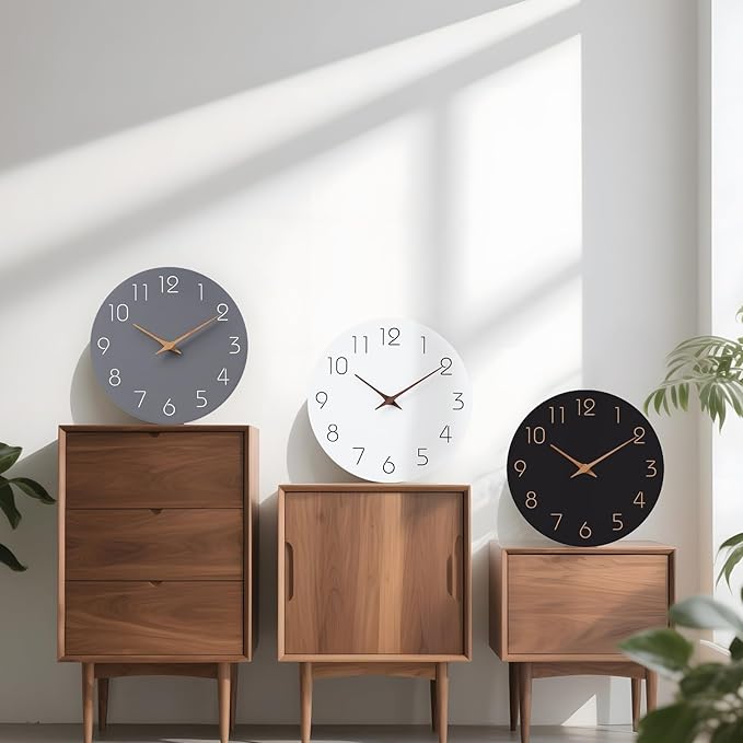Mosewa Wall Clock 10 Inch Silent Non Ticking Wood Battery Operated Wooden White Modern Office Simple Minimalist Decorative for Kitchen Home Bathroom Living Room