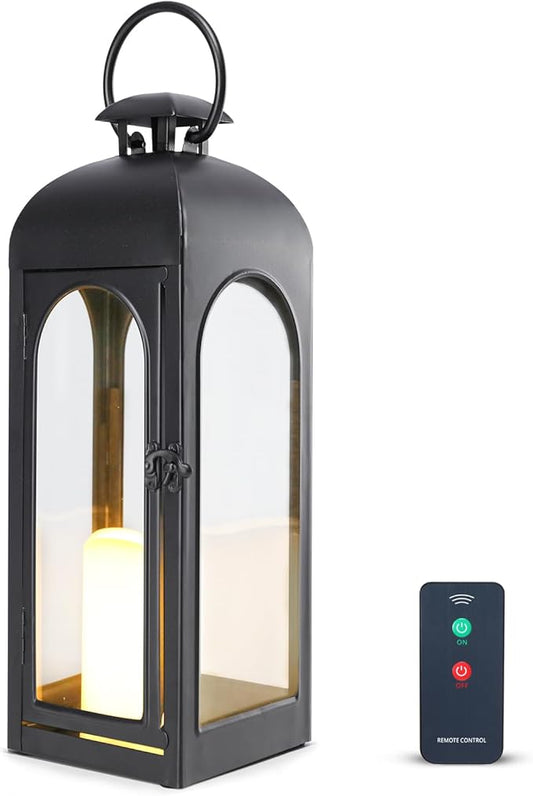 Bdor 20 Inches Metal and Stainless Steel Glass Decorative Lantern with Electronic Wax Effect - Indoor/Outdoor Decorative Lighting, Handcrafted Aesthetic, Perfect for Home, Parties, and Holiday Decor