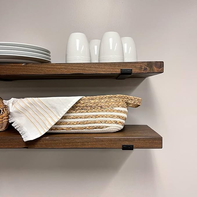 Rustic Shelves with J-Brackets Set of 2, Industrial Shelf, Kitchen Shelves, Solid Wood, Decorative Wall Storage, Heavy Duty, URBANDI (Provincial, 12Wx6D)
