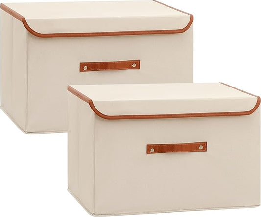 Tuza 2-Pack Large Fabric Storage Bins with Lids, Foldable Storage Boxes with Lids for Organizing, Decorative Storage Boxes with Handles for Home, Bedroom, Closet, Office(Khaki, Medium)