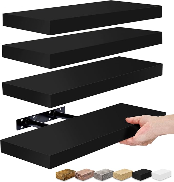 Sorbus Floating Shelves for Wall, Bathroom Shelves Wall Mounted for Kitchen, Bedroom, Living Room, Bathroom Storage, Over Toilet, Hanging Book Shelf for Wall Home Decor (Black, 4 Pack)