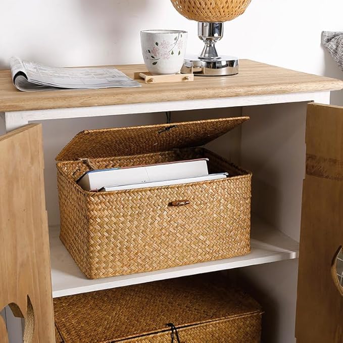 Wicker Basket with Lid, Seagrass Storage Basket, Woven Baskets for Storage, Decorative Storage Baskets for Shelf Organizing, Natural