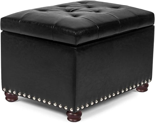 24'' Leather Storage Ottoman Rectangular Foot Rest Stool with Nailhead Trim Toy Chests & Storage Room Organizer for Bedroom Living Room(Black)