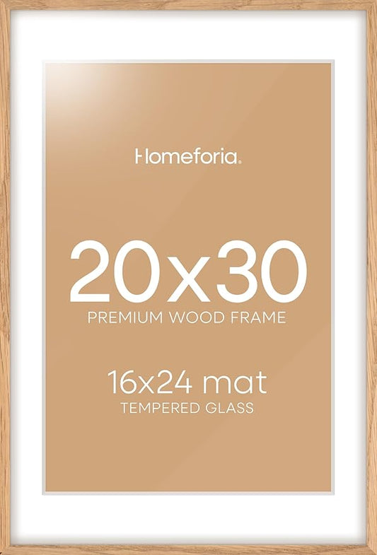 Homeforia 20x30 Picture Frame Wood, High End Natural Oak 20 x 30 Frame with Mat 16 by 24, 20x30 Light Wooden Poster Frames Matted to 16x24 Photo, 30by20 Large Frame, Tempered Glass, Wall Kit, Set of 1