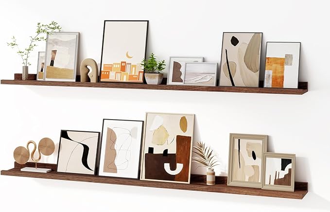 Floating Picture Ledge Shelves for Wall Set of 2, 55 Inches Picture Shelf with Ledge, Nursery Book Shelf for Toys Storage Kids Bookshelf Wall Mounted Living Room Bedroom Decor Frames, Walnut