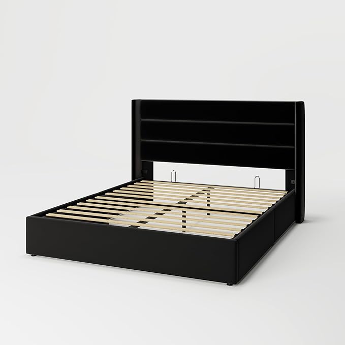 Allewie Full Size Velvet Lift Up Storage Bed, Modern Wingback Headboard, Hydraulic Support, No Box Spring Needed, Black