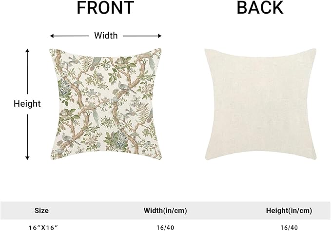 CXMEIFLY Chinoiserie Spring Pillow Covers 16 x 16 Inch Set of 2 for Sage Green Blue Vintage Flowers Bird Decor Throw Pillows Plant Farmhouse Outdoor Decorative Cushion Cases for Couch Bed Decorations