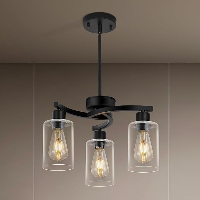 3 Light Modern Dining Chandeliers Over Table，Black Light Fixture for Dining Room，Farmhouse Chandelier with Glass Shade，Industrial Pendant Lighting for Kitchen Island，Foyer,Hallway, Bedroom