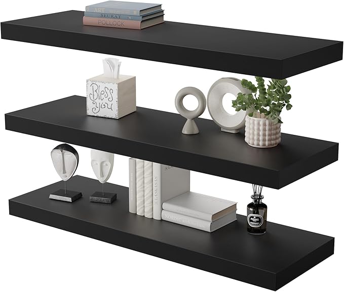Large Floating Shelves for Wall Set of 3 Wooden Wall Shelves 30 in x 12.75 in x 2 in Room Decor Long Shelf with Invisible Wall Mount Bracket for Bedroom Kitchen Living Room Black