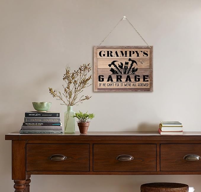 Rustic Sign, Father's Day Gift, Dad's Gift, Grandpa's Gift, Decor Hanging Wood Signs, Printed Wood Wall Art Sign, Grampy's Garage, If He Can't Fix It We're All Screwed, Vintage Sign Gift for Grandpa