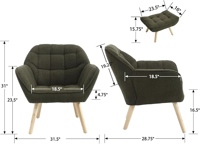 Modern Sherpa Accent Chair with Ottoman Set of 2, Fluffy Upholstered Lounge Chair with Footrest, Comfy Living Room Side Boucle Armchair for Small Space Bedroom, Green